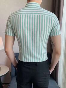 Calvornis 男士休闲通勤条纹短袖衬衫 - 薄荷綠 - 查看 2