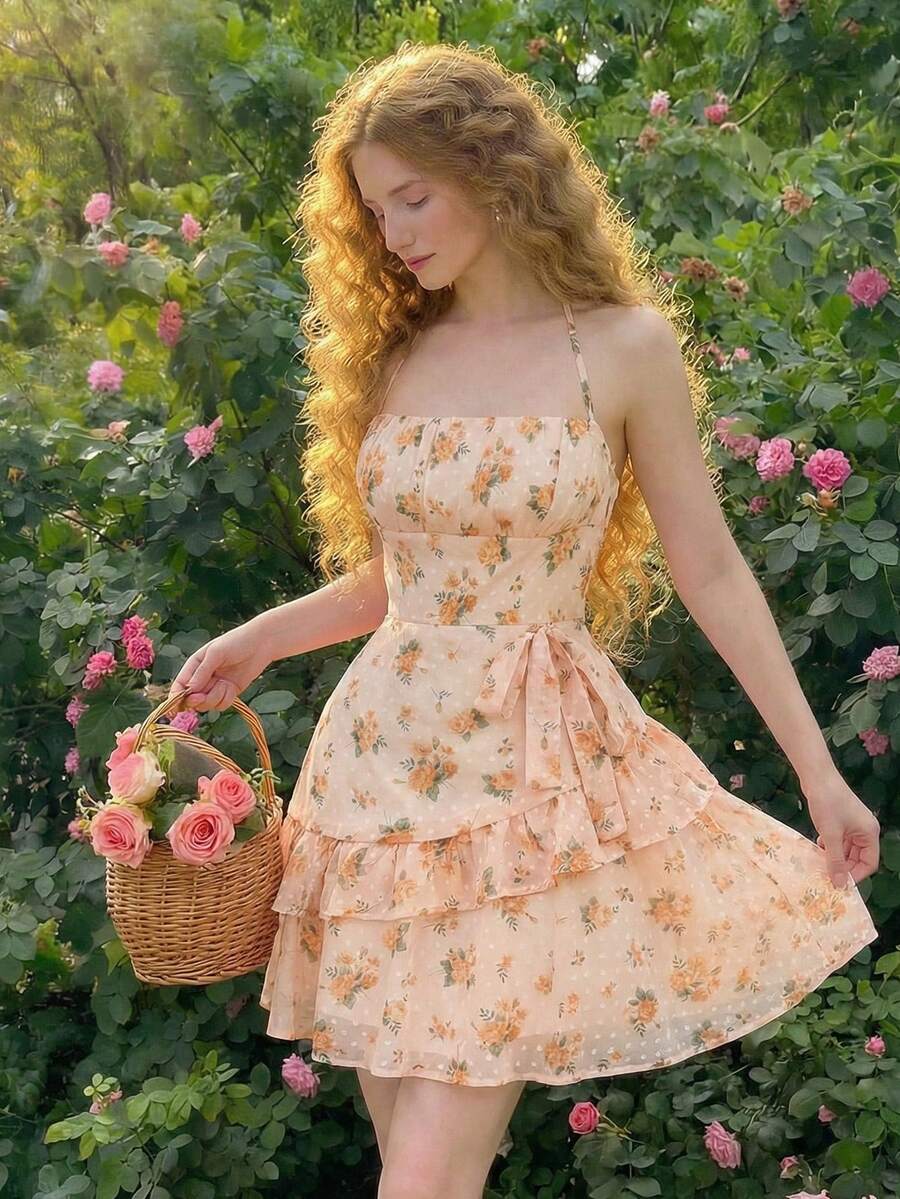 Skyraze Women's Orange Floral Summer Modest Picnic Cutout Chiffon Ruffle Tie Backless Layered Pleated Bust Mini Skirt Cottagecore Tea Party Dress, - Yellow - View 1