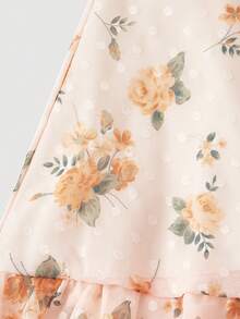 Skyraze Women's Orange Floral Summer Modest Picnic Cutout Chiffon Ruffle Tie Backless Layered Pleated Bust Mini Skirt Cottagecore Tea Party Dress, - Yellow - View 6