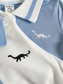 Souflis Souflis Conjunto de polo de manga corta con rayas irregulares y pantalones cortos con bordado adorable de oso para bebé niño, adecuado para el verano - Azul y blanco - Ver 5