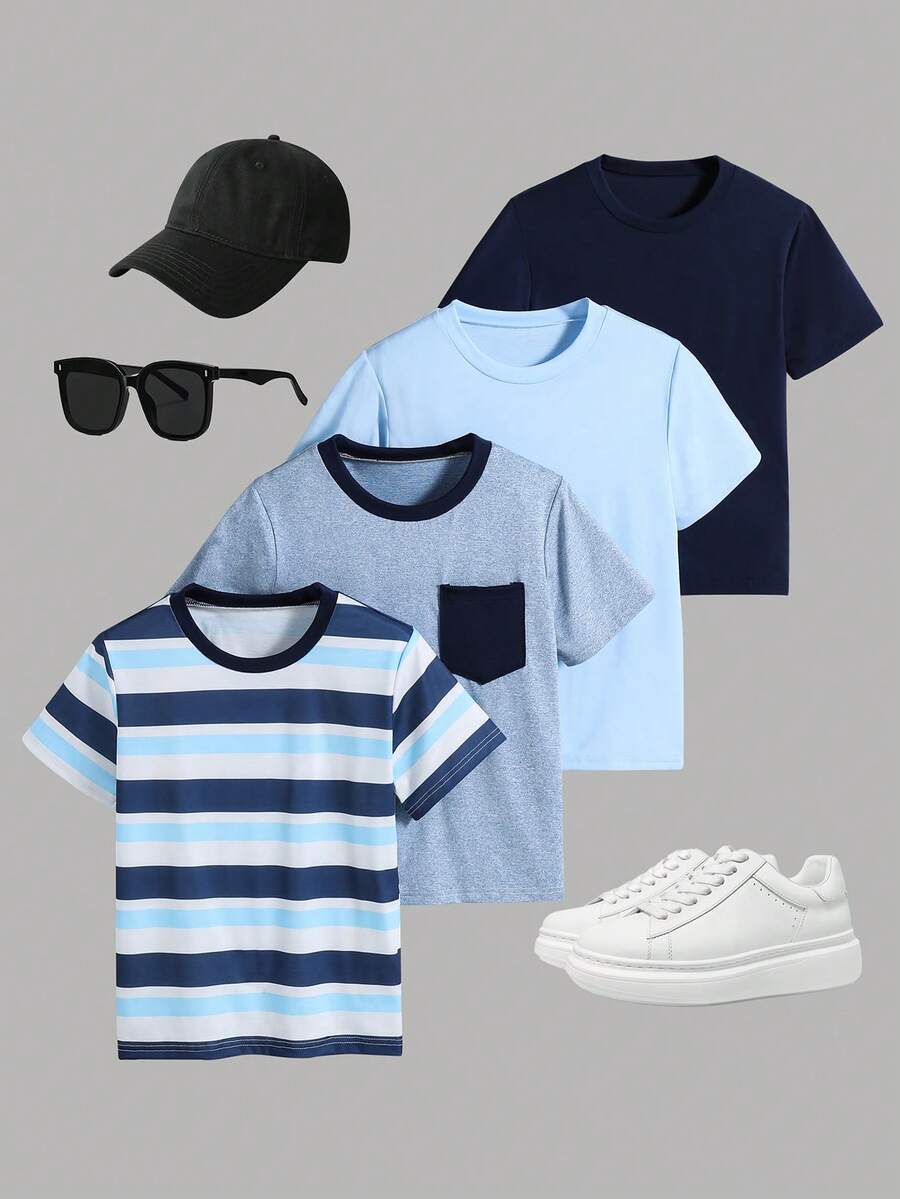 Vacaura 4件套男童基础休闲校园风白色T恤,适合休闲和运动,可叠穿或搭配 - 彩色 - 查看 1