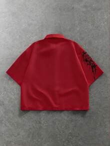 ROMWE MEN Men's Casual Letter Print Front Button Short Sleeve Shirt, Summer - Red - View 2