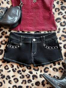 Elamini 时尚低腰铆钉水洗超短牛仔裤 - 黑色 - 查看 1