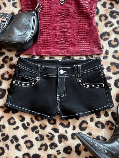 Elamini 时尚低腰铆钉水洗超短牛仔裤