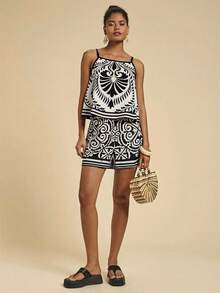 Travachic Bộ đồ 2 mảnh dành cho nữ, gồm áo hai dây và quần short kẻ sọc, thích hợp cho kỳ nghỉ. - Đen và trắng - Xem 6