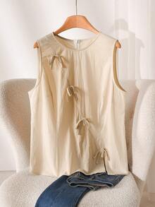 CosyJoli Áo camisole mùa hè tối giản, cổ tròn, màu trơn, cỡ lớn, có nơ trang trí. - Màu be - Xem 6