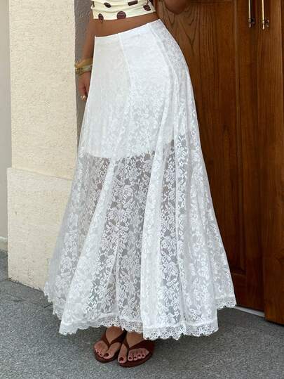 Siren Gaze Summer Elegant Casual Lace Maxi Skirt For Women, Sheer Floral Lace High Waist A-Line Long Skirt, Beach Vacation Wedding Guest Outfits, White Lace Elegant Skirts For Women, Summer Outfits For Women, Casual Skirts, Summer Clothes, Summer Outfits, Cover Up Skirt