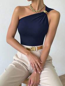 Franclia 女士黑色性感金属褶皱无袖上衣 - 藏蓝色 - 查看 8