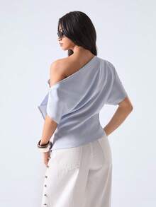 2026 Blusa elegante de mujer con cuello asimétrico y cintura ceñida, para verano - Celeste - Ver 2
