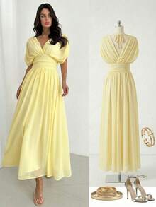 Firerie 女士新款优雅度假沙滩通勤休闲法式浪漫交叉荷叶边蝙蝠袖收腰喇叭连衣裙，奶油黄，适合通勤、约会、婚礼季 - 淡黃色 - 查看 2