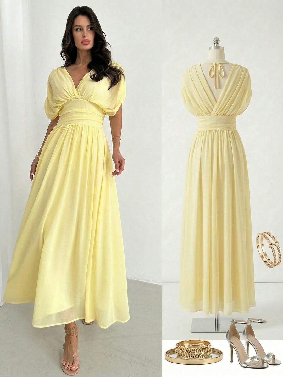 Firerie 女士新款优雅度假沙滩通勤休闲法式浪漫交叉荷叶边蝙蝠袖收腰喇叭连衣裙，奶油黄，适合通勤、约会、婚礼季