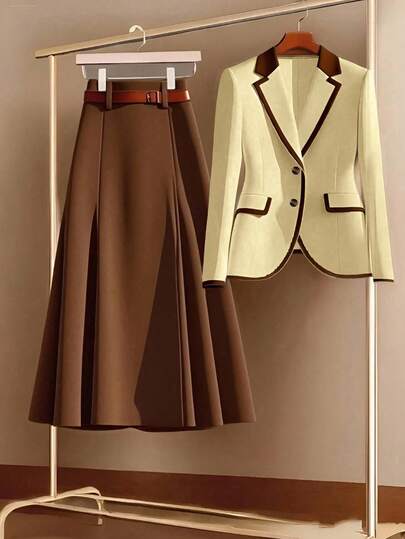 GlowEve CURVE Conjunto de 2 piezas de blazer con botones y falda línea A con ribete de contraste, elegante y casual para uso diario, de moda vintage y para vacaciones, blazer color albaricoque y falda marrón, para otoño/invierno