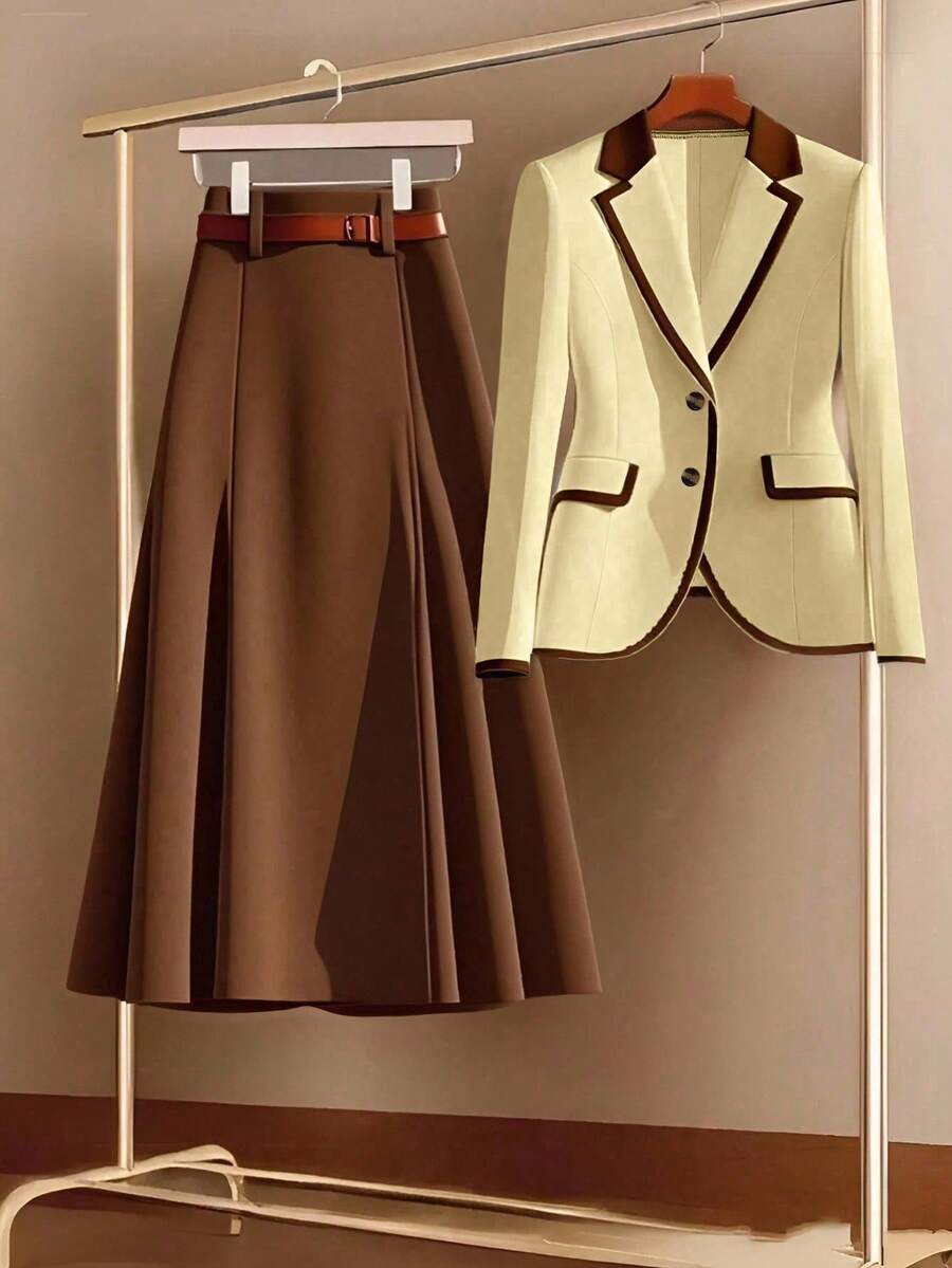 SHEIN Clasi Bộ vest nữ một hàng cúc phối viền tương phản gồm áo blazer và chân váy chữ A, kiểu dáng thanh lịch, thường ngày, phù hợp cho công sở, đi làm, đi nghỉ mát, màu mơ và chân váy nâu, bộ 2 mảnh cho mùa thu/đông. - Vàng nhạt - Xem 1