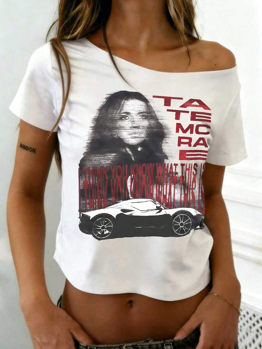 INAWLY Cropped Oblique Shoulder Short Sleeve T-Shirt - White - View 1