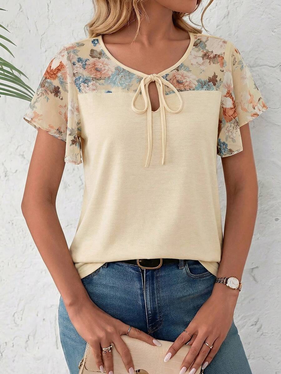 EMERY ROSE 女式印花拼接黑色面料荷叶袖休闲T恤，春夏女式上衣，夏季可爱女式衬衫，新款夏季女式上衣，夏季休闲上衣，最新款女式上衣 - 杏色 - 查看 1