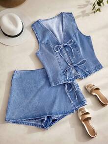 GlowEve 女士系带衬衫和半身裙休闲牛仔套装 - 藍色 - 查看 6