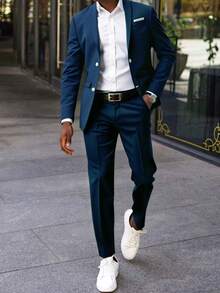 SHEIN 青少年男童藏蓝色修身西装套装，简约廓形，休闲学院风，舒适时尚，适合日常穿着、上学、外出、聚会、度假等各种场合。 - 寶藍色 - 查看 3