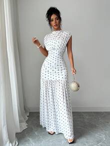 Elenzga White And Black Polka Dot Summer Elegant Holiday Tea Party Vacation Stand Collar Sleeveless Hollow Out Mesh Patchwork Pleated A-Line Maxi Dress - White - View 4