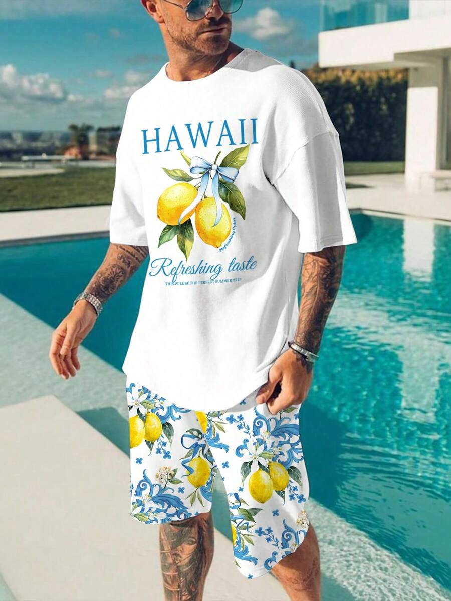 Manfinity RSRT Bộ đồ nam phong cách nghỉ dưỡng Hawaii in hình chanh, gồm áo thun ngắn tay và quần short. - Nhiều màu - Xem 1