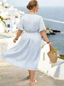 Parysyn Plus-Size Woven Striped Summer Women's Dress - Baby Blue - View 2