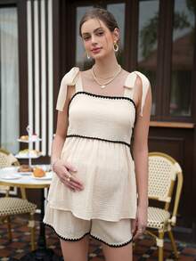 Momance 两件套孕妇休闲撞色滚边背心和短裤套装 - 杏色 - 查看 6