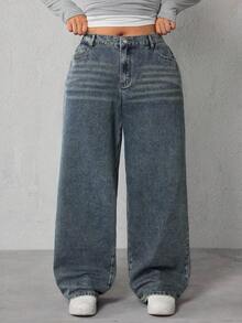 SHEIN ICON Plus Size Casual Washed Loose Wide-Leg Jeans - Dusty Blue - View 5