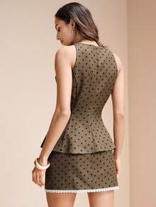Arave 女士时尚波点印花吊带背心和迷你裙两件套 - 棕色 - 查看 3
