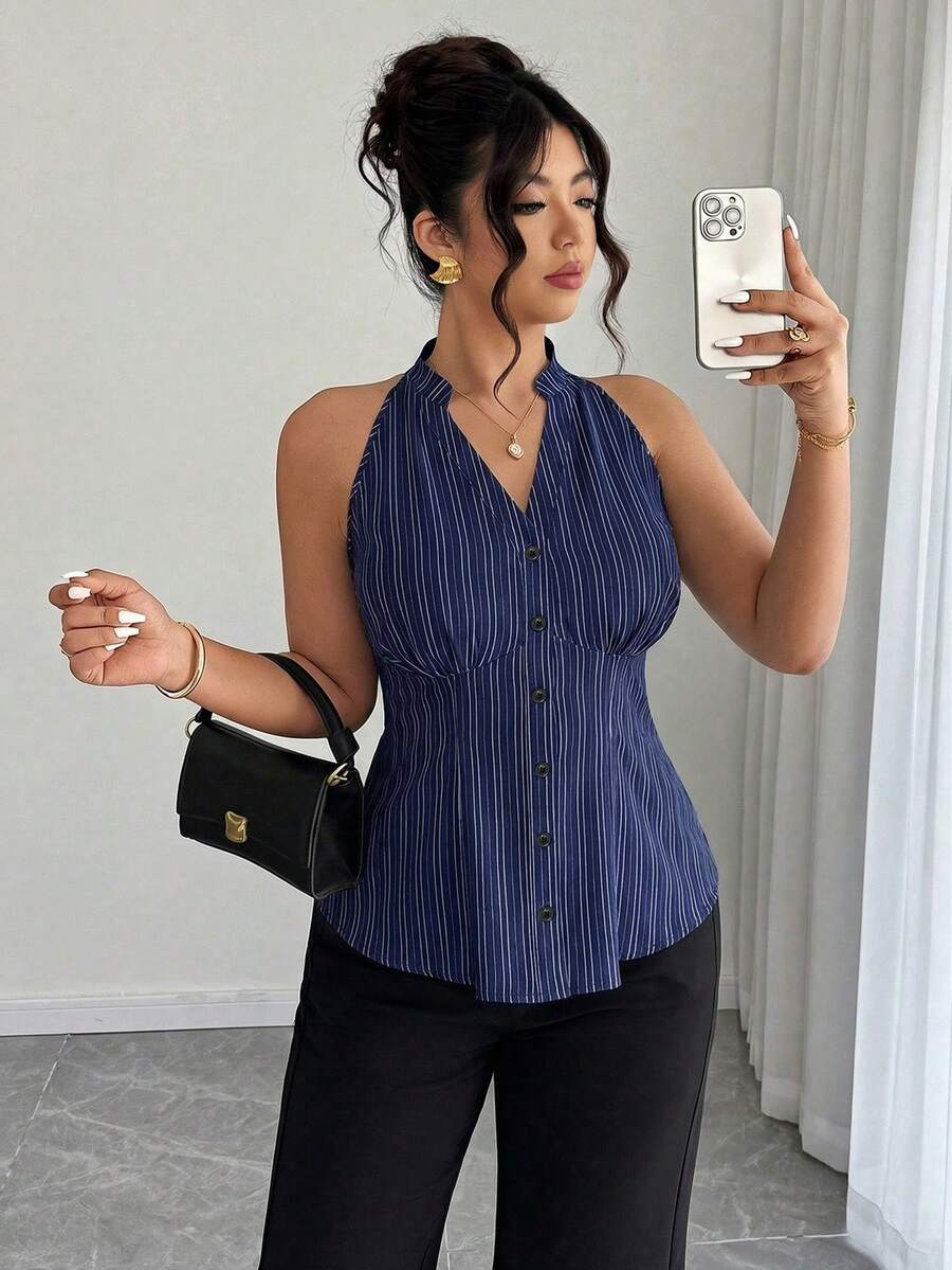 Elenzga Camisa Casual Listrada sem Mangas com Cintura Plus Size para Mulheres - Multicolorido - Visão 1