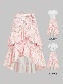 SHEIN MOD 大码女式印花抽绳不对称荷叶边下摆时尚A字裙 - 粉色 - 查看 10