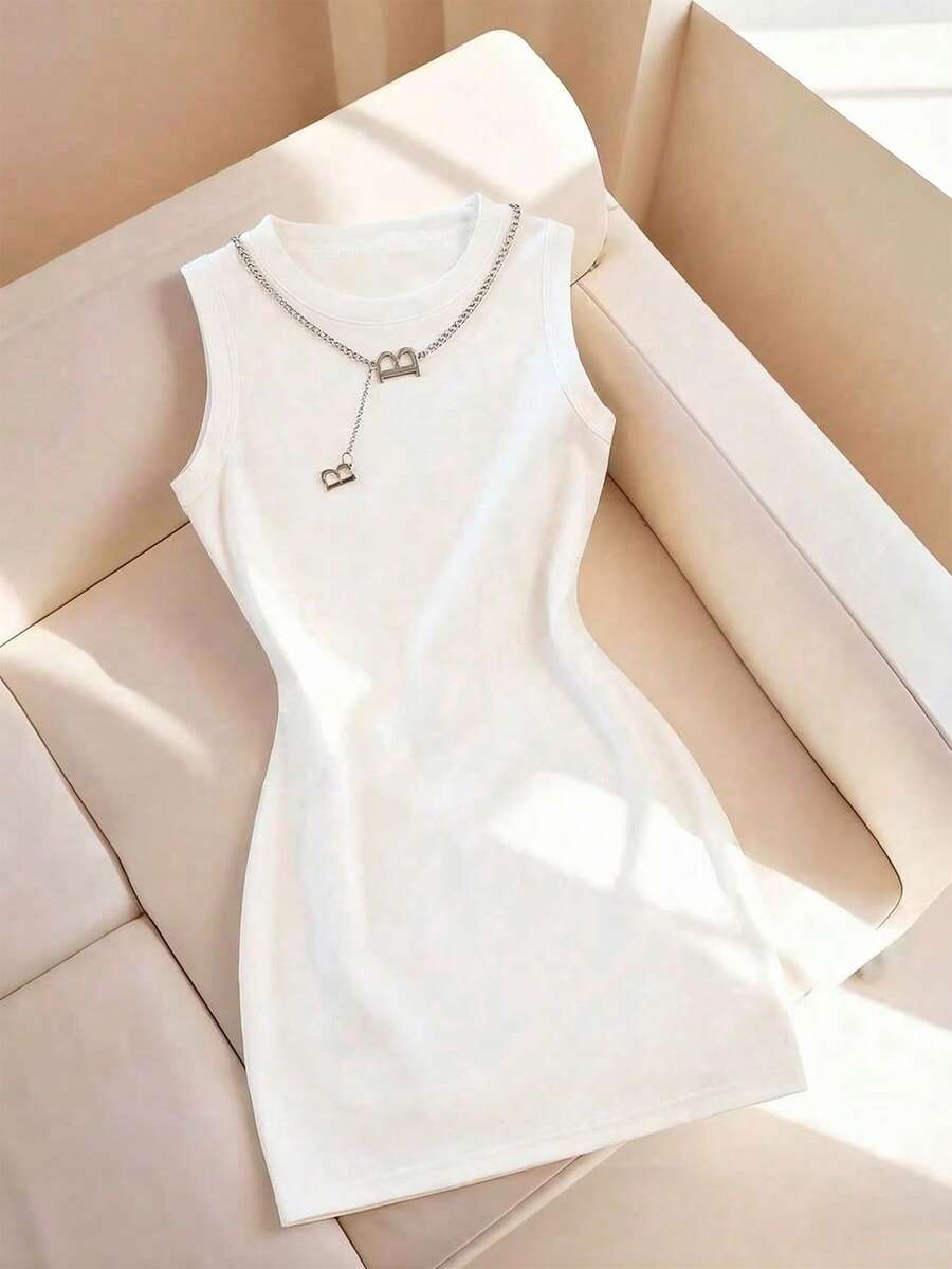 Resyla Vestido de camiseta ajustado con cuello redondo y estampado de rayas, nueva llegada de primavera/verano para mujer - Blanco - Ver 1