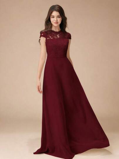 Teen Girls Elegant High-End Lace Patchwork Satin Cap Sleeve Long Dress, Suitable For Bridesmaids, Teenagers, Flower Girls, Weddings, Parties, Performances