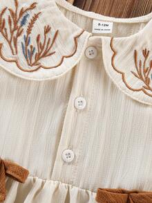 SHEIN 2 Pieces Baby Girl Casual Floral Embroidered Lapel Sleeveless Top And Pants Set Suitable For Spring And Summer, Outdoor Travel Daily Wear - Apricot - View 6