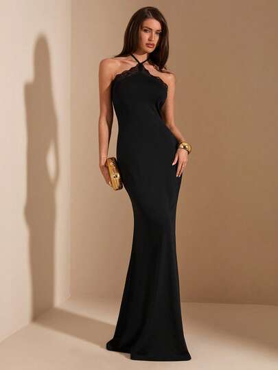 SHEIN BAE Đầm dệt kim dáng đuôi cá cổ yếm viền ren đen dành cho nữ, thích hợp cho mùa xuân/hè.