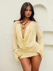 Swim Glamine 女士棕色垂褶领喇叭袖系腰荷叶边连衣裙，优雅性感休闲，适合春夏假日海滩派对 - 米色 - 查看 4