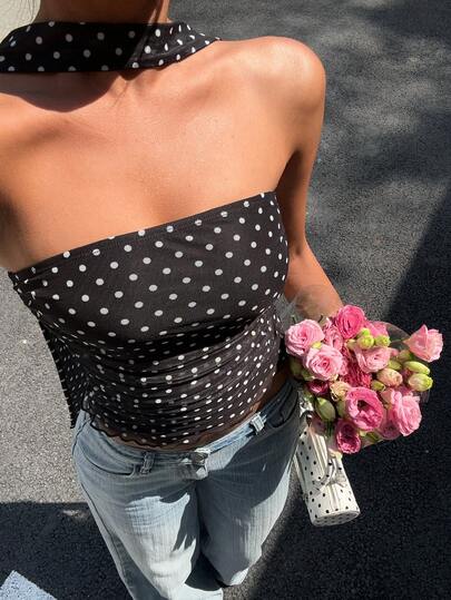 Siren Gaze Summer Elegant Polka Dot Halter Tube Top For Women, Ruched Mesh Sheer Cropped Top With Choker Neck Scarf, Beach Vacation Party Festival Outfits, Black White Polka Dot Summer Tops For Women, Summer Tops For Women, Casual Blouses For Women, Summer Clothes, Summer Outfits For Women, Y2K Tops