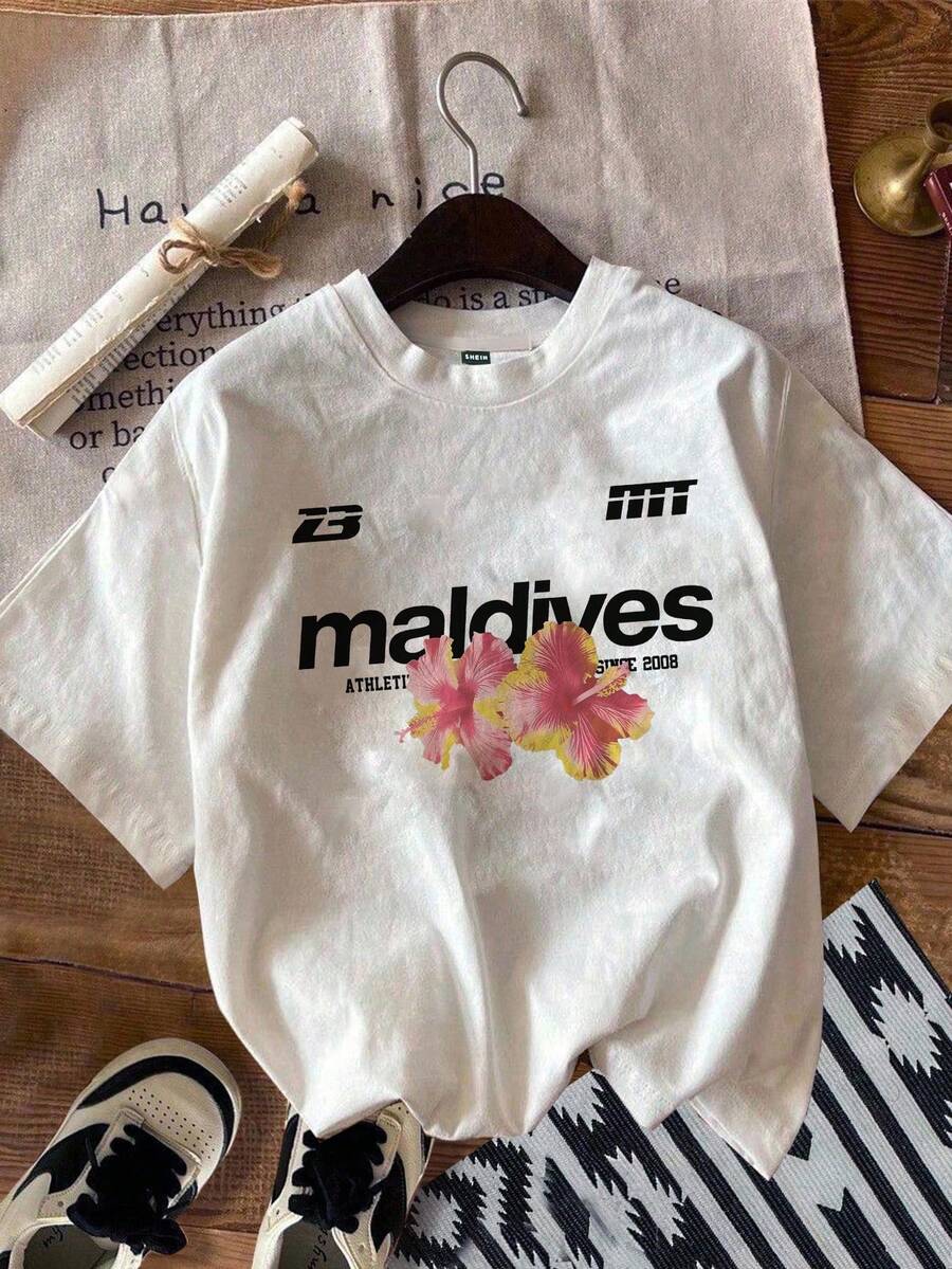 SHEIN Attitoon Áo thun nữ tay ngắn cổ tròn dáng ôm, in chữ và họa tiết hoa nhiệt đới, phong cách thường ngày, thích hợp cho mùa hè. - trắng - Xem 1