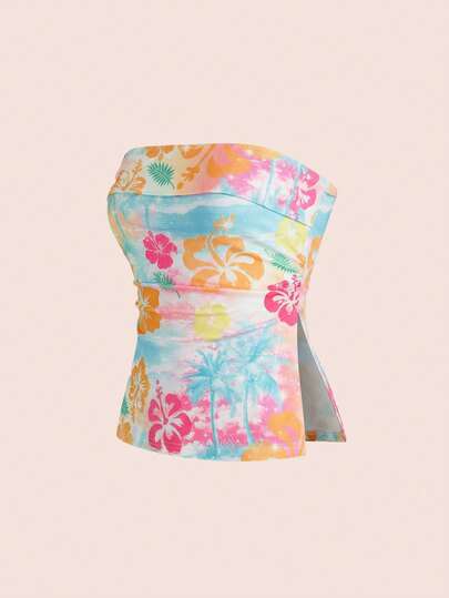 ROMWE Avant Áo croptop ống in hoa với đường xẻ tà kiểu Y2K, phong cách nghỉ dưỡng trên đảo.