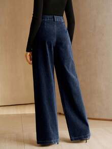 Anewsta Asymmetrical Design Women's Loose Fit Pockets Wide Leg Jeans - Blue - View 2