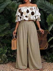 SHEIN Lady Conjunto de 2 piezas de top con hombros descubiertos y volantes con estampado de lunares y pantalones de pierna ancha, para vacaciones - Multicolor - Ver 3