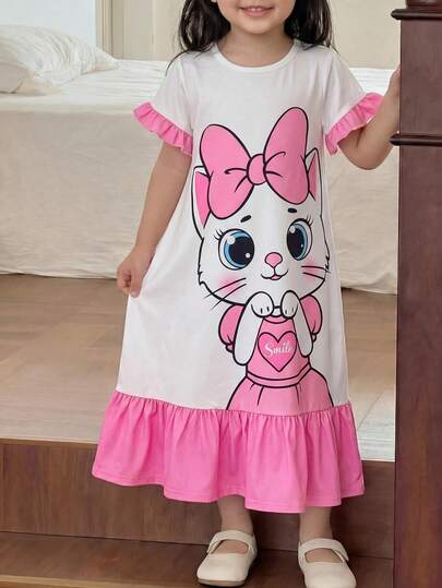 SHEIN 女童圆领撞色荷叶边袖口短袖休闲可爱卡通猫印花睡衣