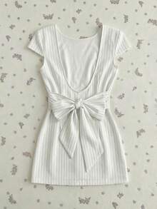 Elamini 女士条纹蝴蝶结装饰迷你连衣裙 - 白色 - 查看 1