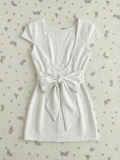 Elamini Women's Striped Bow Decor Mini Dress Womans Dress Restaurant Dress Dress With A Bow On The Back Backless Dress For Women Wow Dress