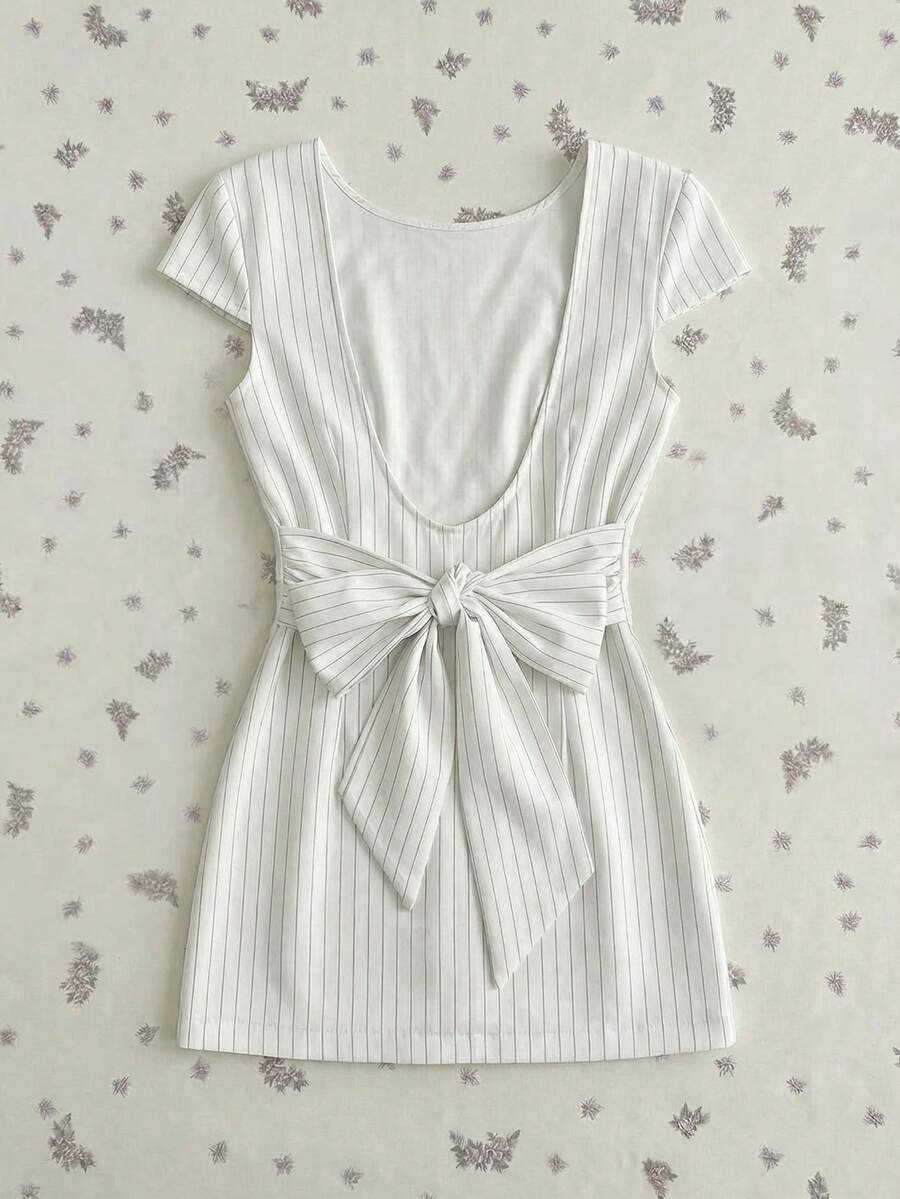 Elamini 女士条纹蝴蝶结装饰迷你连衣裙 - 白色 - 查看 1