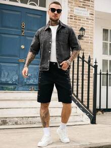 Manfinity Homme Herren Große Größen Einfarbiges Lässiges Kurzarm Denim-Hemd - Schwarz - Übersicht 5