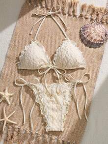 Swim Mod Bộ bikini hai mảnh mùa hè mới dành cho nữ, chất liệu ren hoa, họa tiết hoa dễ thương, viền hoa gợi cảm, hở lưng, kiểu tam giác, buộc dây, thích hợp cho bãi biển, bơi lội và kỳ nghỉ. - Màu be - Xem 3