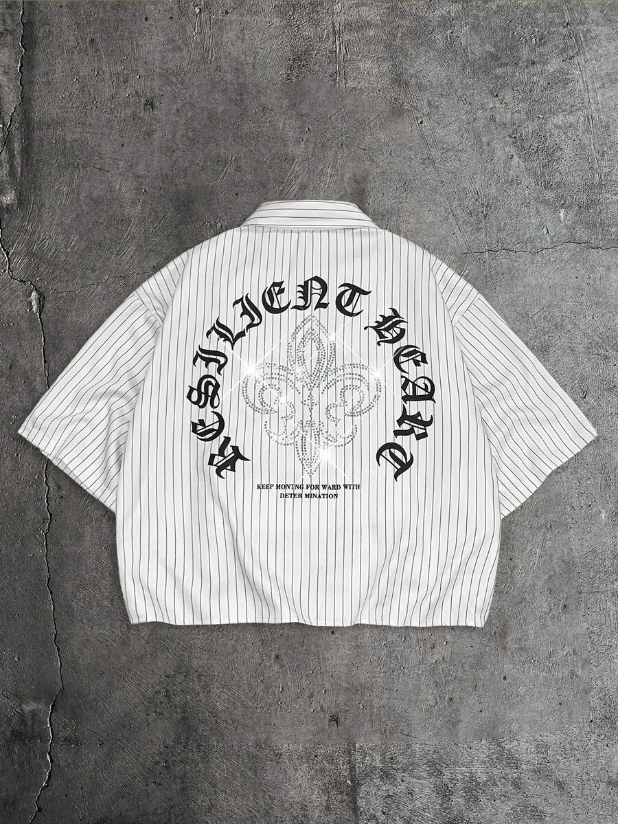 AXEPEAK Áo sơ mi nam tay ngắn kẻ sọc chữ cái, kiểu dáng thường ngày. - trắng - Xem 1