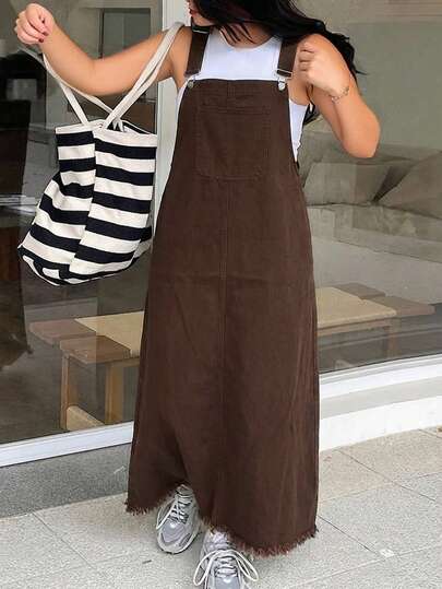 Dazy Plus Dark Wash Distressed Denim Pinafore Dress, Suitable For All Seasons