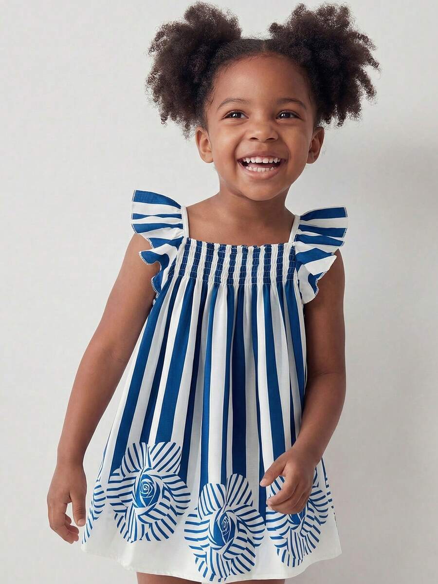 Maija Kids Maija Kids 1pc Young Girls' Casual Elegant Vacation Loose Cute Blue & White Striped Rose Print Puff Sleeve Pleated Dress, Suitable For Daily Wear, Back To School, Outings, Gatherings, Festivals, Spring & Summer Girls Blue And White Striped Dress Casual Dress For Kids Summer Dresses For Kids Kids Clothes In Girls 3 To 4 Years Of Age - Blue and White - View 1