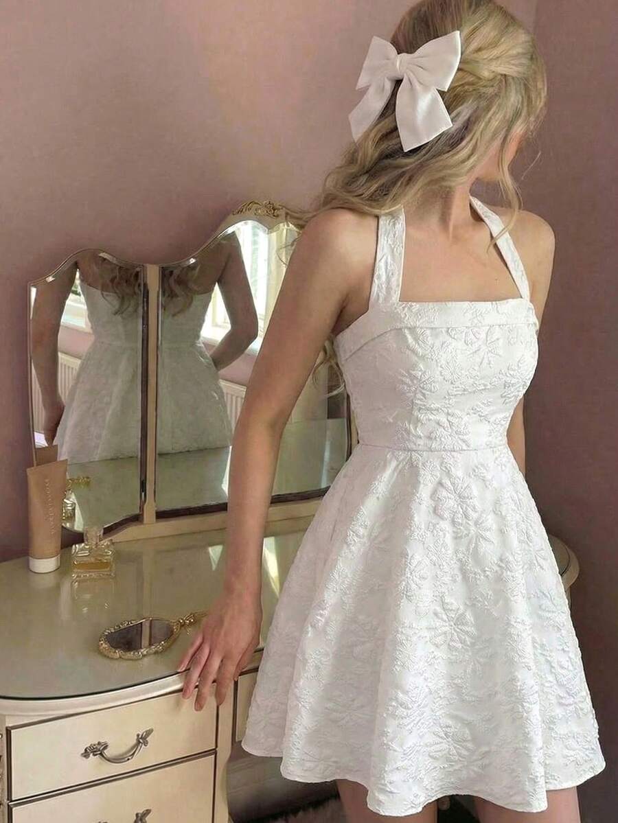 SHEIN Girlism Đầm dạ hội cổ yếm nơ màu trắng dành cho thiếu nữ - trắng - Xem 1