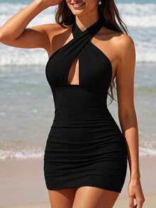 Swim Vcay 前交叉挖空露背緊身吊脖洋裝 - 黑色 - 查看 6